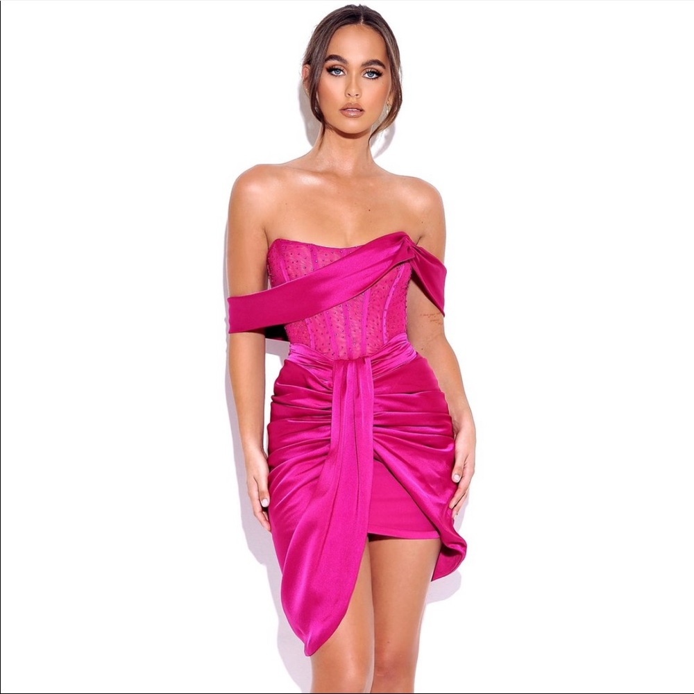 Miss Cirlce Darlene Fuschia Off Shoulder corset satin dress with crystals